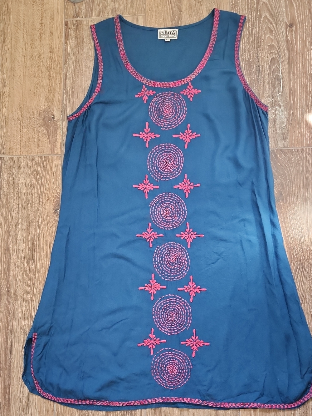 Sleeveless Embroidered Blue Tank Dress with Dark Pink Trim. Size XL